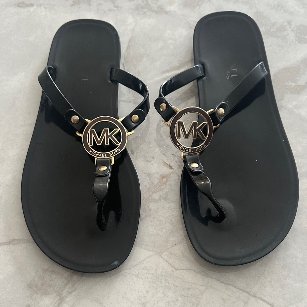 Michael Kors Jelly Black Sandals with Gold and Brown Emblem
